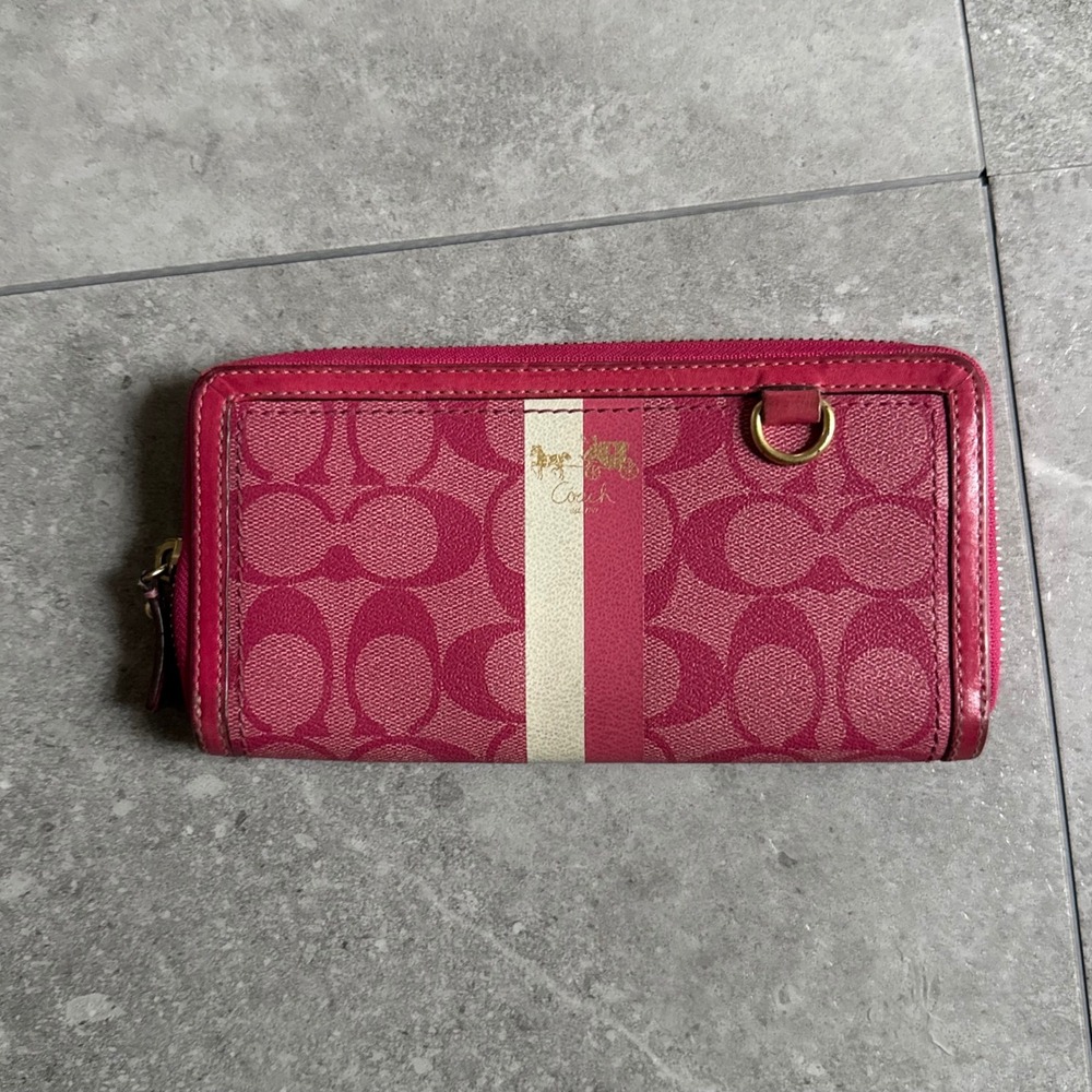Vintage Coach Signature Stripe Zip Around Wallet Pink